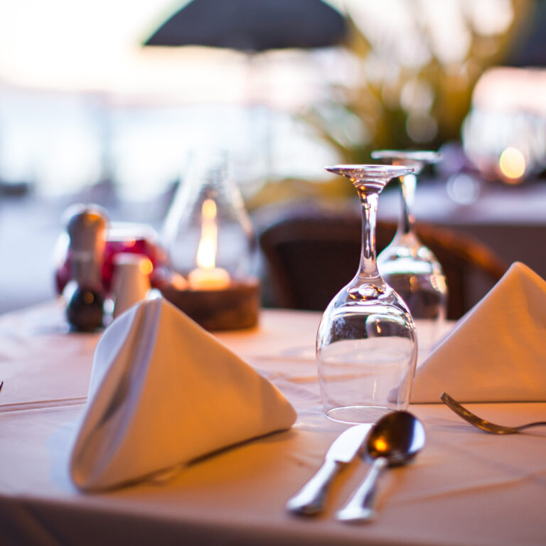 Close-up of glass with water in a restaurant in the evening
